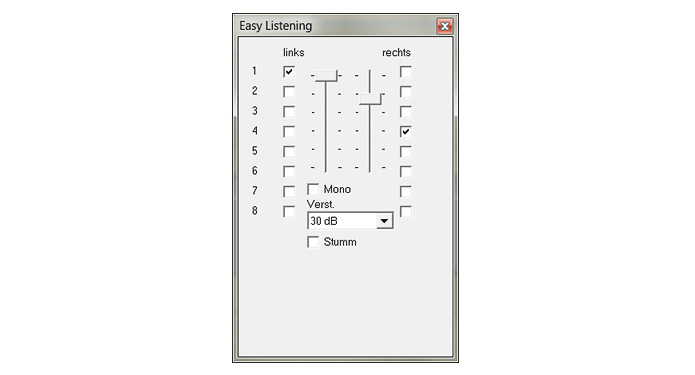 Easy Listening: Auswahl des mitgehörten Messkanals, Lautstärke, Mono-Stereo-Betrieb, Stummschaltung. Bild: Easy-Listening_tool 